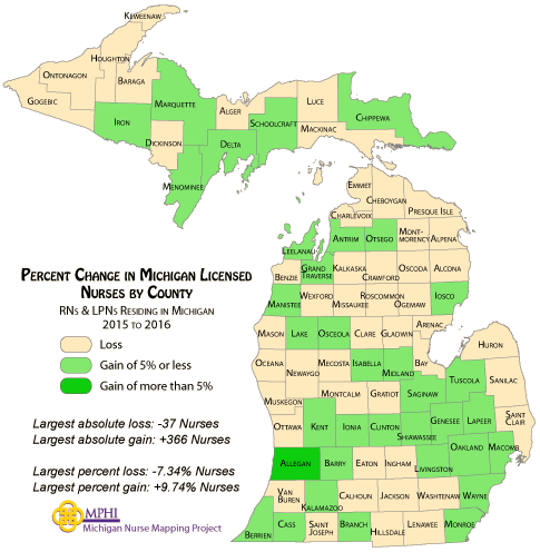 map showing population change by county of MI nurses from 2014 to 2016